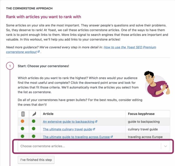 choose cornerstone articles in first step Yoast SEO workout