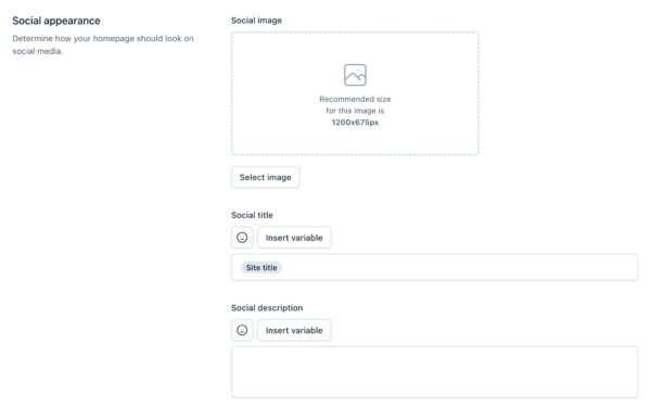 Screenshot of the "Social appearance" section of the Homepage settings in Yoast SEO