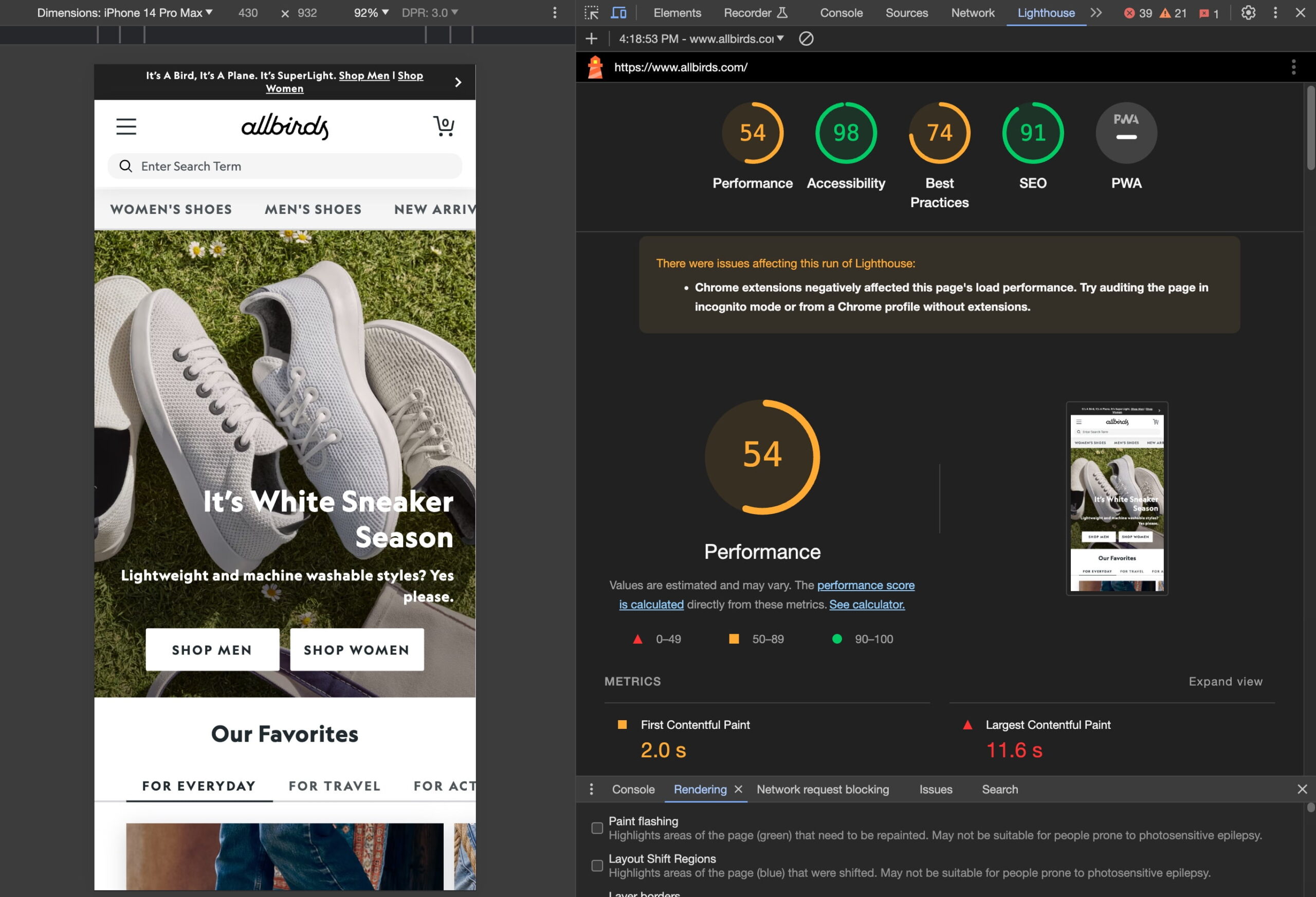 an example of a Lighthouse test run in Chrome from Shopify store
