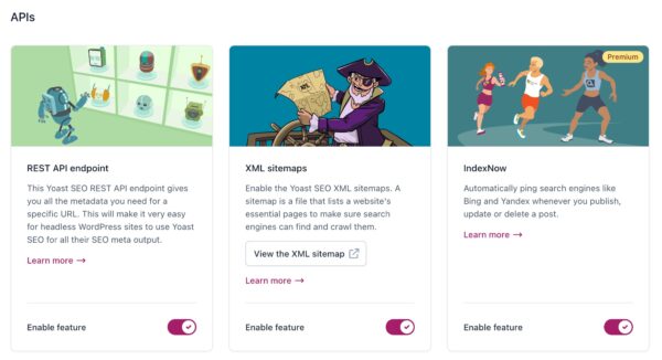 Screenshot of the "APIs" section in the Yoast SEO Site features settings.