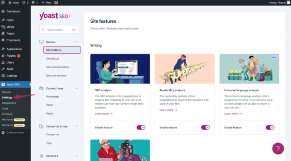 Screenshot of the Site features settings in Yoast SEO.