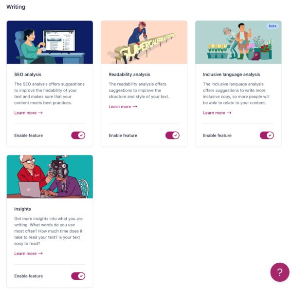 Screenshot of the Writing section in the Site features settings in Yoast SEO.