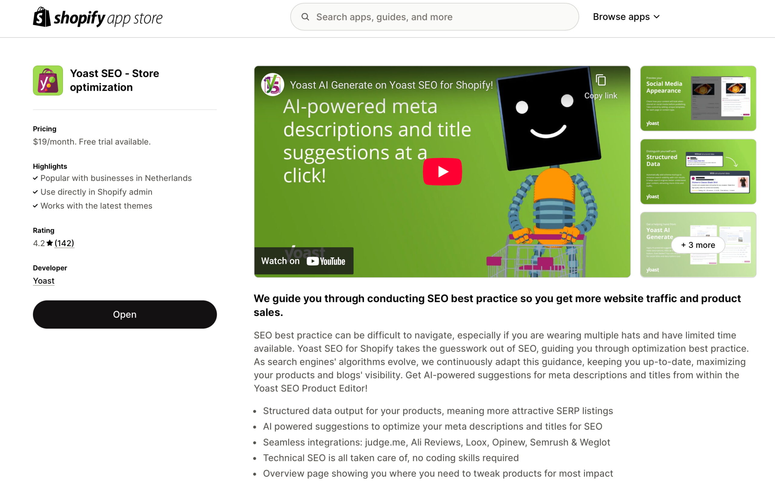 Yoast SEO for Shopify listing in the app store
