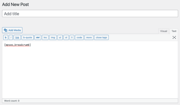 A screenshot of breadcrumb shortcode in classic editor.