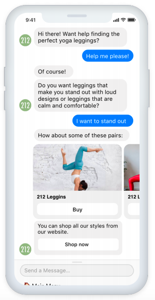 An example of conversational commerce. It depicts a chat of a fictional company with a potential customer about yoga leggings. The customer asks the company for help and the company shows a few products. All the products have a buy button.