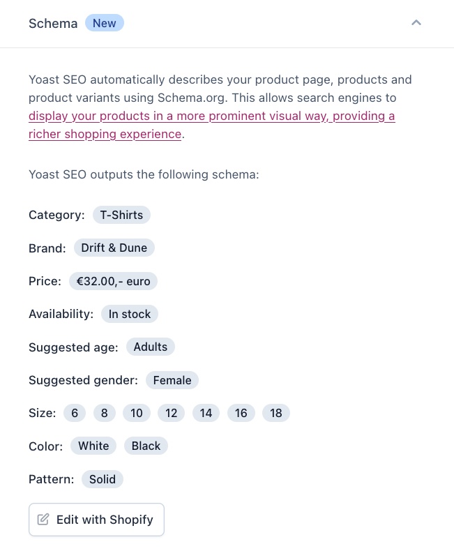 Yoast SEO for Shopify outputs structured data for product variants shown here with an example of t-shirt product data